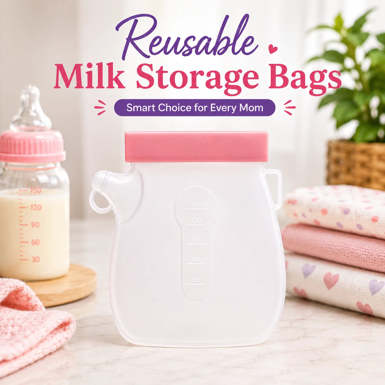 Reusable breast milk storage bag 320ml with double seal